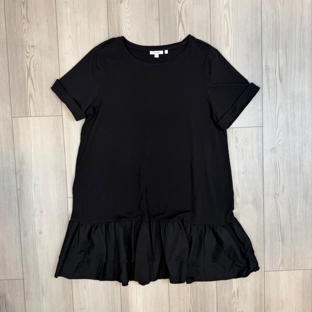 Chico's Black Ruffle Hem Mixed Media Knit Short Sleeve Mini Dress XL 3